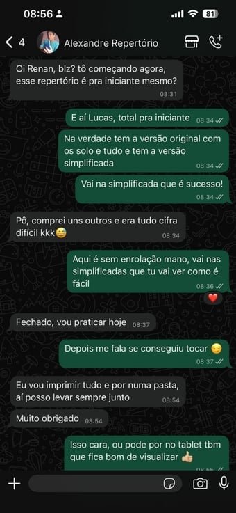 Conversa de Alexandre sobre cifras simplificadas e a ideia de imprimir o material para levar numa pasta