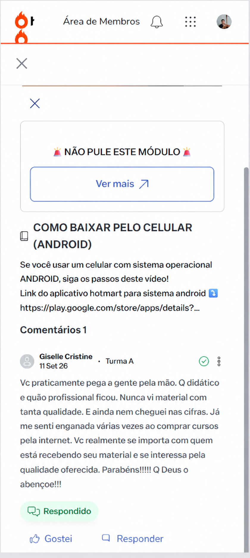 Comentário de Giselle elogiando a didática e o cuidado de Renan em outro material; nome do produto removido da captura