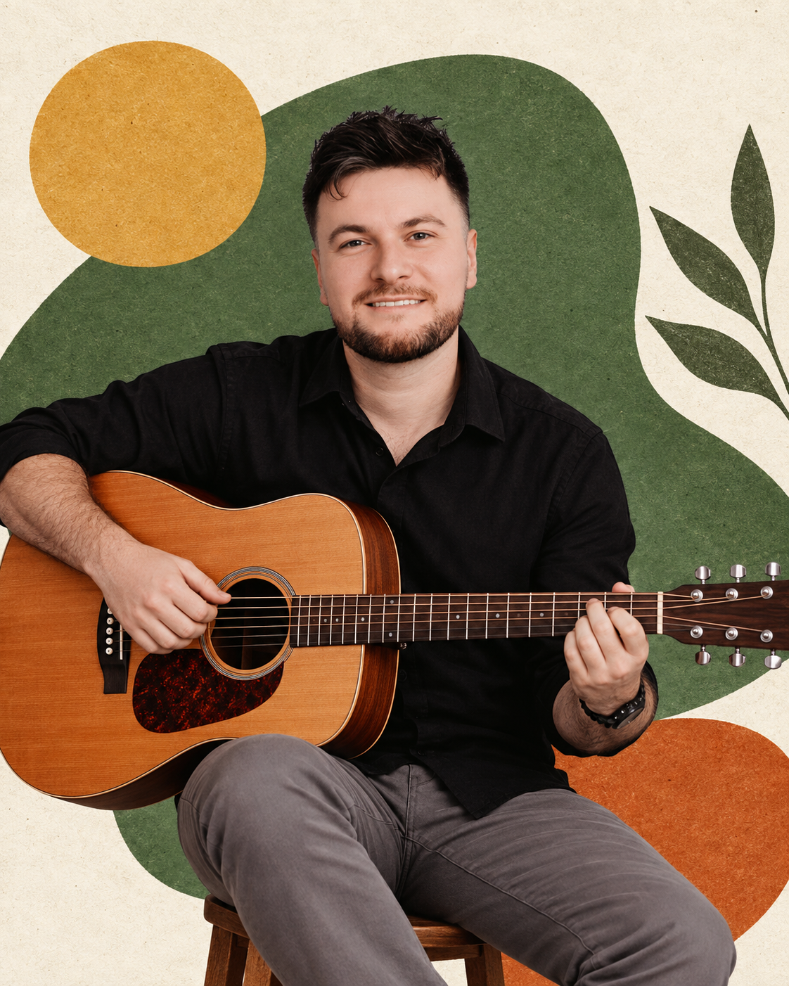 Montagem de Renan Zimmer com o violão, em tons de verde e creme